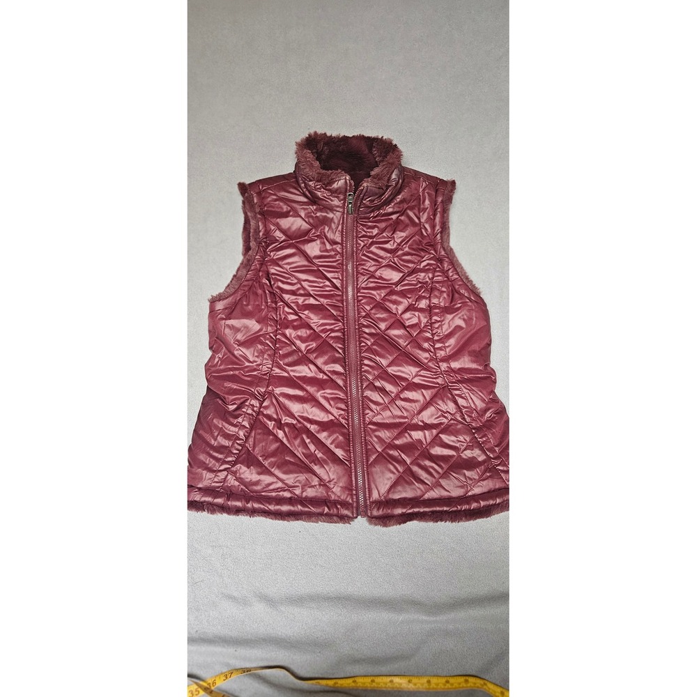 Nicole Miller Original Reversible Puffer Faux Fur Vest Burgundy Wine Large